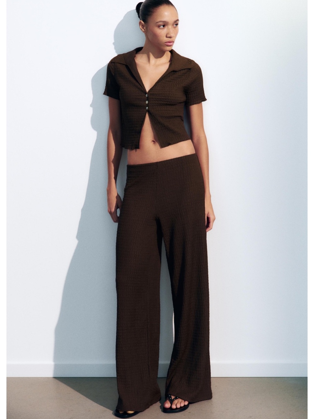 Zara Brown Textured Crop Top and Straight Leg Pants
